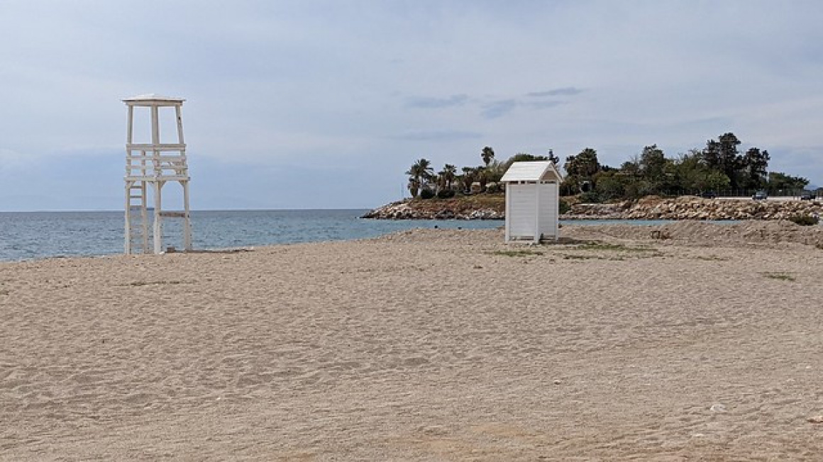 'Changing box and lifeguard tower on 3rd Glyfada Beach in Glyfada, Athens, Greece' - Athens