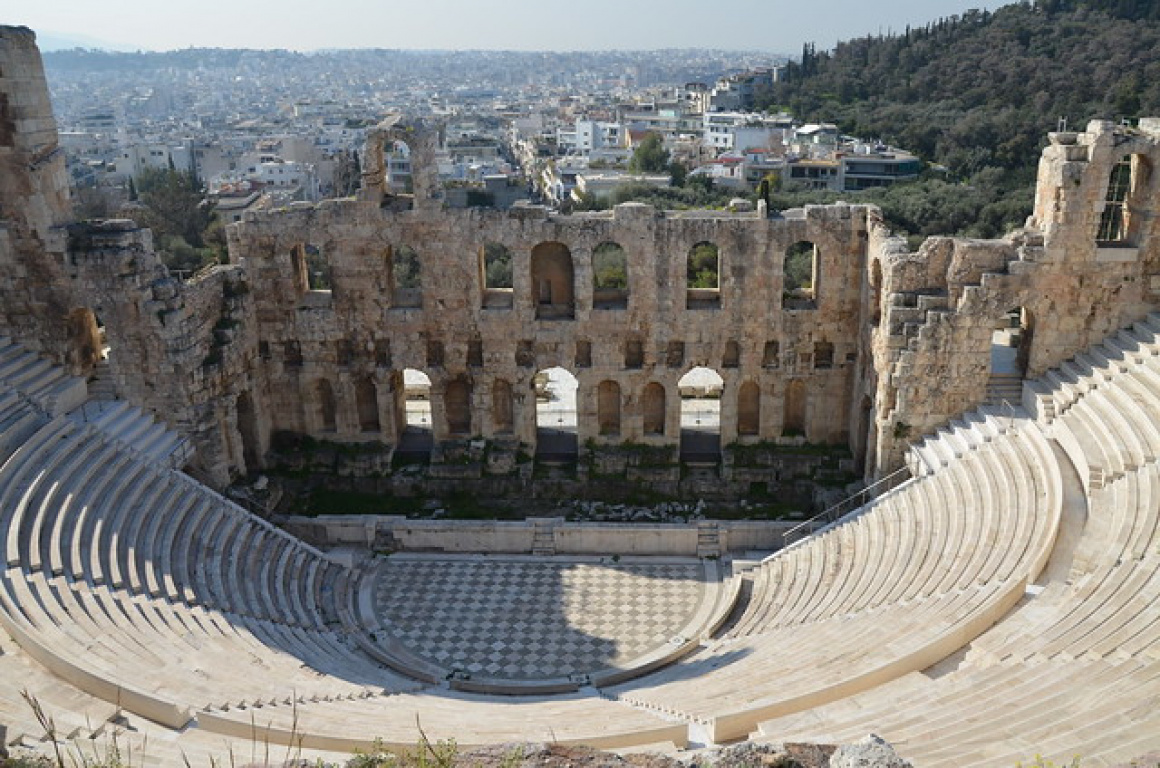Odeon of Herodes Atticus, built in 161 AD on the south slope of the Acropolis of Athens in memory of his wife Annia Regilla, Athens, Greece